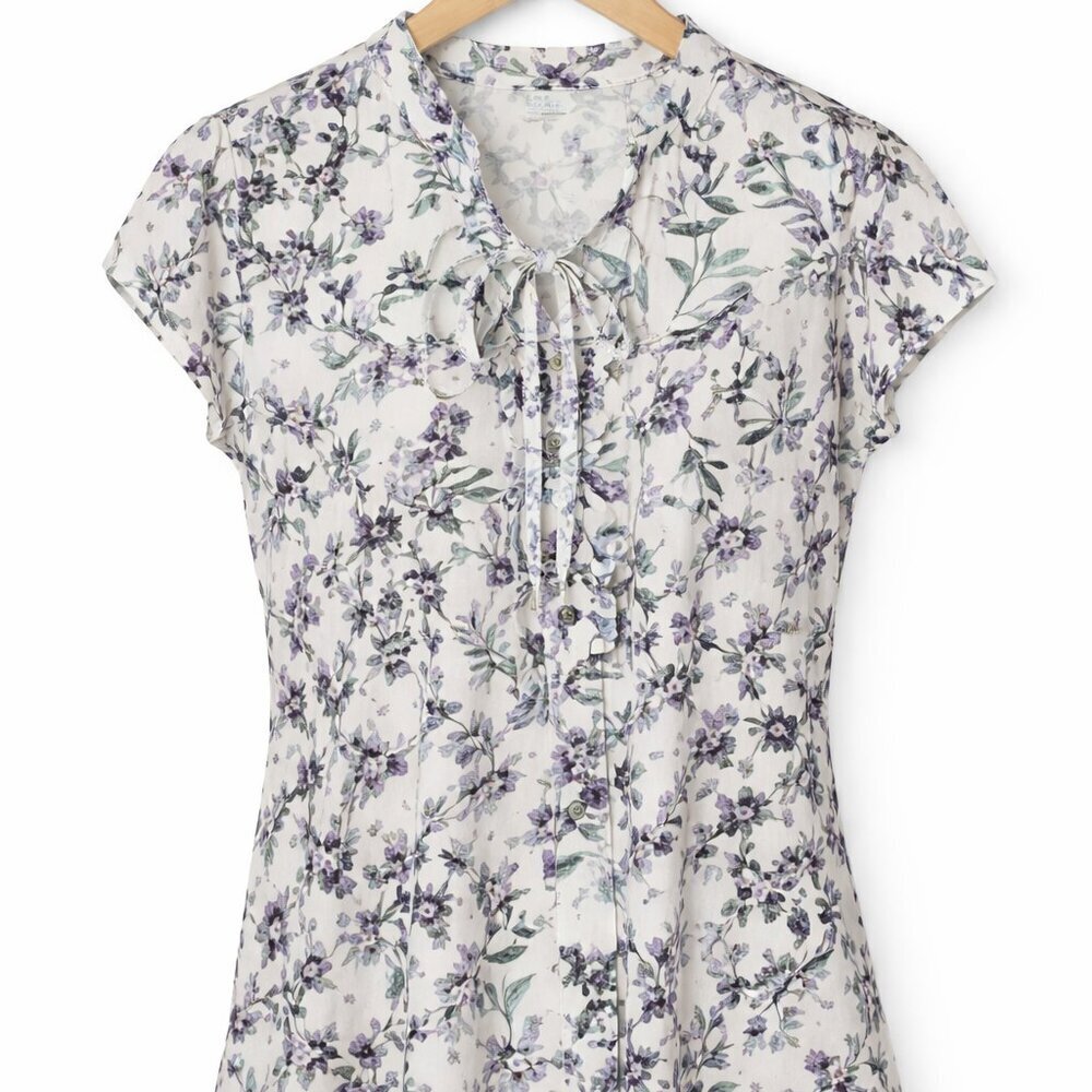 Karl Lagerfeld Blouse Size Large Floral Cap Sleeve Tie Neck White Cottagecore